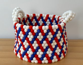 Hay Bead Basket With Two Handles - Cream, Red, Royal Blue