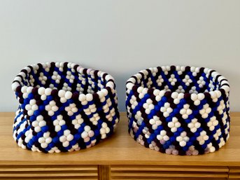 Pair Of Hay Bead Baskets - Cream, Royal Blue And Purple