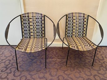 Pair Of Round Modern  Woven Tan, Grey, Purple And Black Patio Chairs