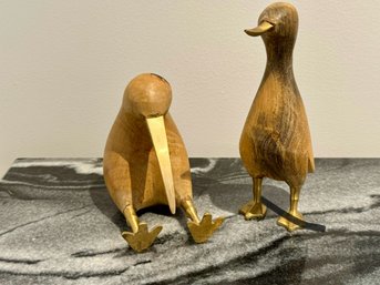 Pair Of Decorative Wood & Painted Metal Kiwi Birds