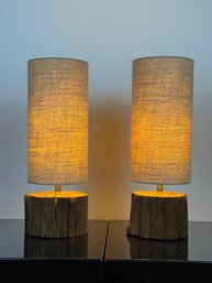 Pair Of Interlude Home Wood Lamps With Tan Linen Shades