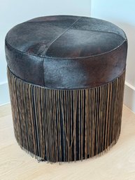 Amara Foot Stool - Dark Brown Faux Cowhide & Bronze Metal Fringes