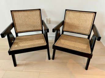 Pair Of Phantom Hands Dark Wood & Cane Seat Armchairs