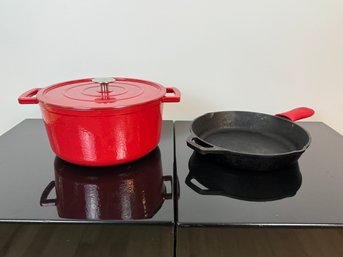 Lodge Cast Iron Frying Pan And Red Cast Iron Casserole