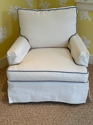 Pristine White Cotton Slipcovered Swivel Rocking Armchair With Blue Piping