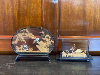 Pair Of Vintage Chinese Carved Cork Diorama In Black Lacquer