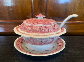 English Scenic Staffordshire Adams Red Tureen With Lid And Ladle And Platter