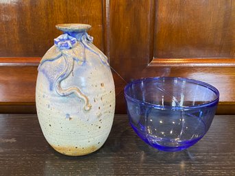 Signed Blue Glass Bowl And Floral Ceramic Vase