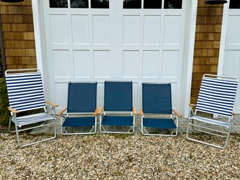 Set Of Telescope Casual Light And Easy High Boy Striped Beach Chairs And Navy Mesh Beach Chairs