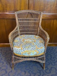 Single Woven Brown Wicker Chair With Cane Seat And Custom Fabric Cushion