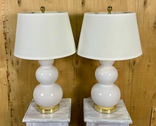 Pair Of White Ceramic Gourd Lamps On Gold Metal Bases