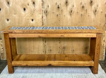Rustic Wood And Blue And White Tile Top Console Table With Worm Holes
