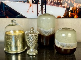 Collection Of Decorative Glass Vases, PB Candle With Glass Cover And PB Mercury Glass Tulip Cup