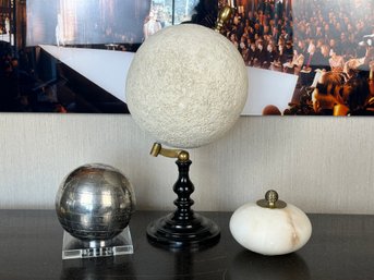 Silver Metal Globe On Acrylic, Polished Stone Orb And Ceramic Globe On Wood Stand