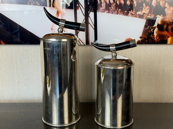 Pair Of Silver Metal Ice Buckets With Horn Top