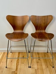 Pair Of Design Within Reach - Republic Of Fritz Hansen Arne Jacobson Walnut Series 7 Stools - One Of Two