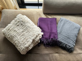 Collection Of Throw Blankets - Lillian August Faux Fur, Zoeppritz Grey Wool, A And R Purple Cashmere