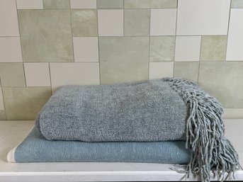 Two Throw Blankets - Restoration Hardware And Sefte - Aqua And Sea Foam