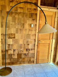 Black Metal Arc Lamp With Brass Base And Linen Shade