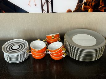 Set Of Twelve Vista Alegre Plates And Orange, Gold And White Coffee Cups With Grey, White And Gold Saucers