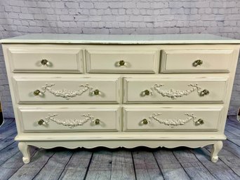 Wood Floral Off White Double Dresser With 7 Drawers