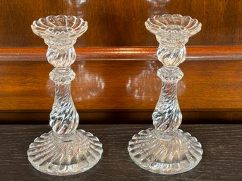 Pair Of Baccarat Candlesticks - Swirl Bamboo Tors And Single Cut Glass Candlestick