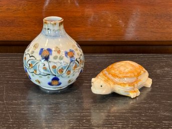 Small Ceramic Vase And Polished Marble Turtle