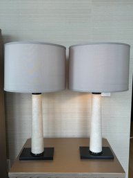 Pair Of Polished Marble Table Lamps On Metal Bases With Tan Shades