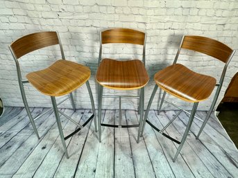 Set Of 3 Altek Bar Stools - Brushed Metal And Wood - Made In Italy