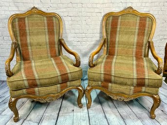 Pair Of Thomasville Upholstered Arm Chairs With Carved Wood Frame