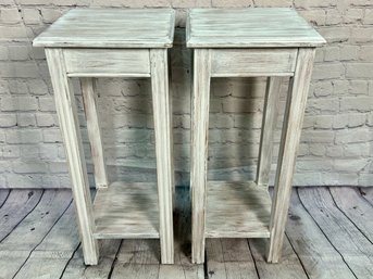 Pair Of Lane Distressed Painted White Side Tables/ Plant Stands