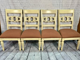 Set Of Four Chairs Cream Painted Wood With Red, Sand And Brown Upholstered Seats