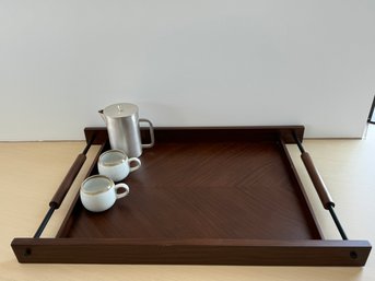 Stunning Dark Wood Herringbone Serving Tray With Lovely Coffee Items