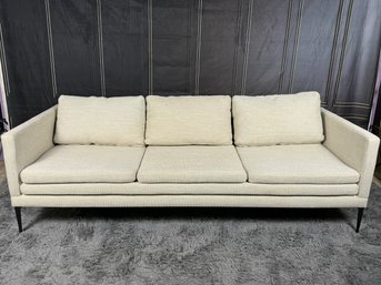Vintage Grey Tweed Three Cushion Couch With Metal Stiletto Legs