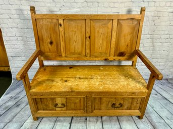 Pine Wood Bench With Two Drawers And High Back - Some Water Damage On The Seat