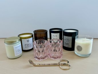 Mixture Of Decorative Candles - Six Candles & Two Pink Glass Votive Holders With Snuffer