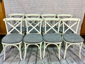 Set Of Eight Restoration Hardware Madeleine Chairs With Navy Matching Cushions