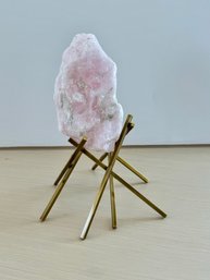 Gorgeous Block Of Pink Quartz Decor With Brass Ornate Stand