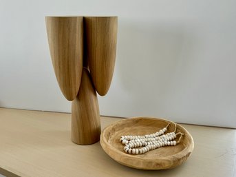 Pair Of Raw Wood Decor Items - Carved Bowl & End Table