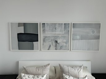 Set Of Three Unsigned, White Painted Wood Frame Acrylic On Canvas Prints - Grays