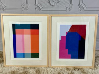 Pair Of Abstract Framed Prints - Mutli Color Pinks Blue Orange Green - Blonde Wood Frame