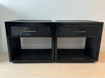 Pair Of Black Painted Bamboo & Wood Nightstands - One Drawer With Bronze Pull