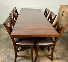 Heavy Dark Wood Dining Table With Two Leaves And Six Chairs