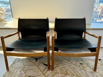 Pair Of Fantastic Wood, Copper & Black Leather Armchairs