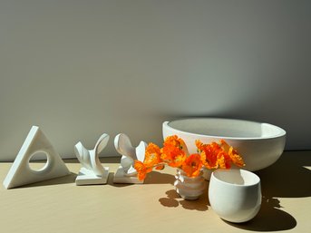 Collection Of White Ceramic And Stone Decor Pieces