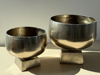 Pair Of Unmarked Silver Metal Display Bowls With Mottled Finish