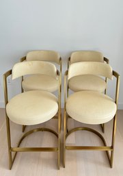 Set Of Four Wearstler Cream Color Leather & Brass Heavy Counter Height Stools