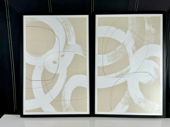 Pair Of Framed Abstract Prints On Board - Cream Black And White