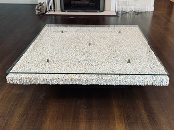 Large Scale Pebble Coffee Table With Glass Top And Walnut H Base - PROFESSIONAL MOVER REQUIRED