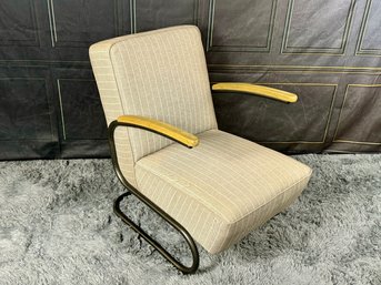 Four Hands Grey And Cream Pinstripe Armchair With Metal Frame And Wood Arms